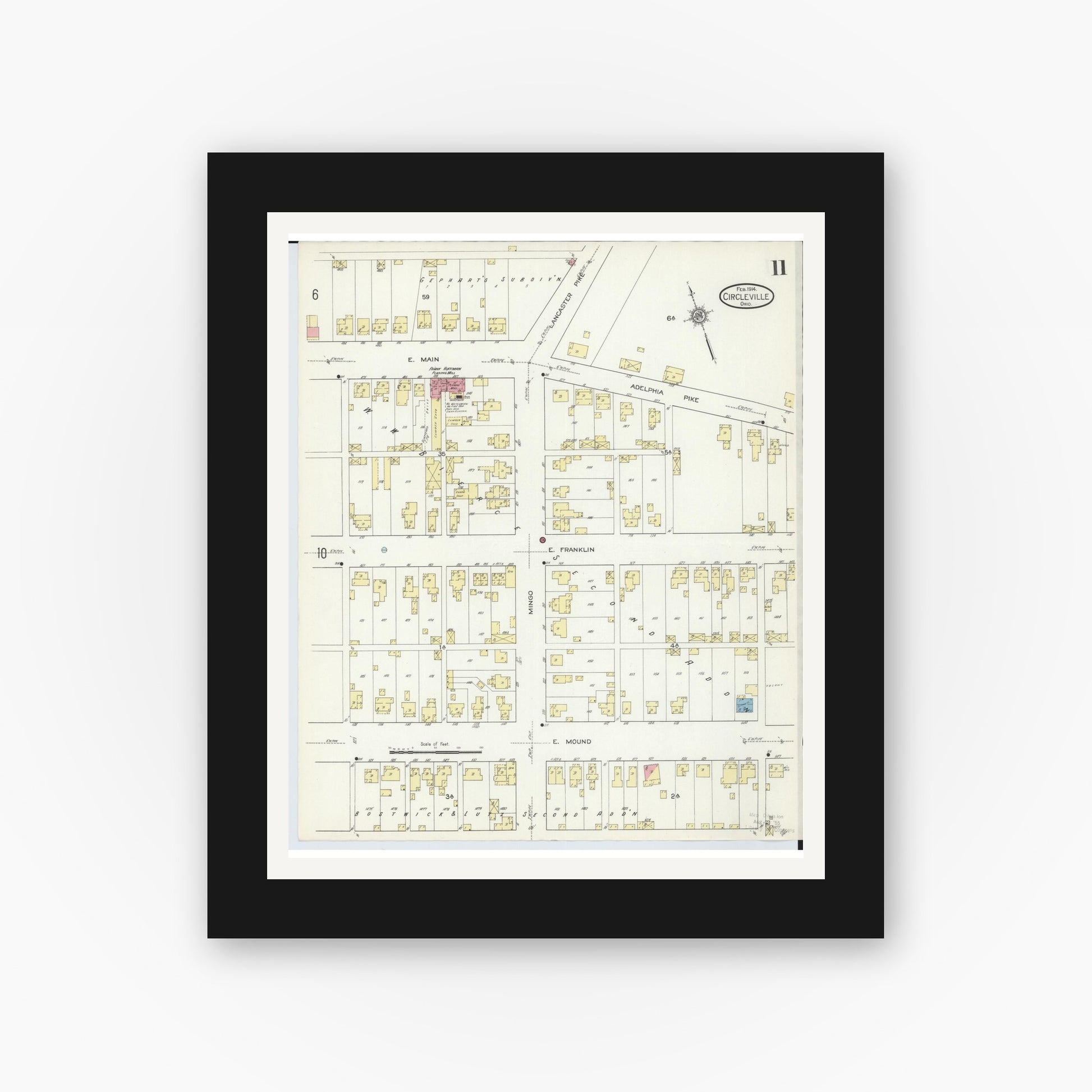 Old map wall art mockup — black gallery frame with white mat — Sanborn Fire Insurance Map from Circleville, Pickaway County, Ohio (1914), Sheet #0011