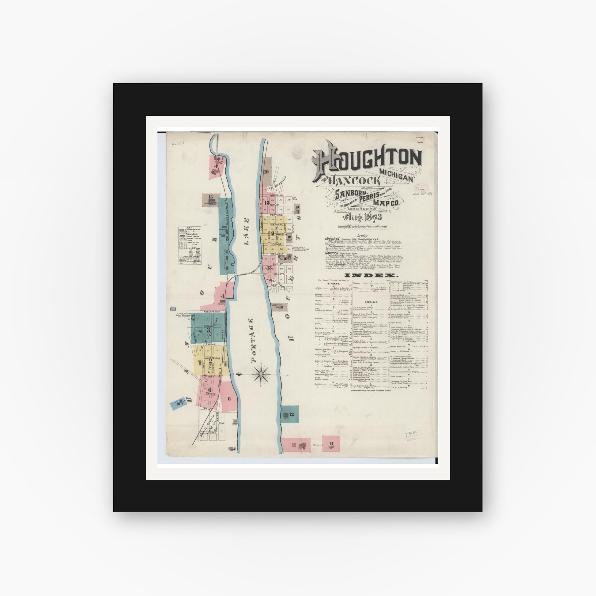 Old map wall art mockup — black gallery frame with white mat — Sanborn Fire Insurance Map from Houghton, Houghton County, Michigan (1893) - Complete Map Set