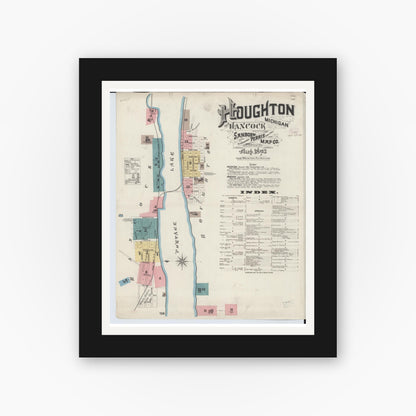 Old map wall art mockup — black gallery frame with white mat — Sanborn Fire Insurance Map from Houghton, Houghton County, Michigan (1893) - Complete Map Set