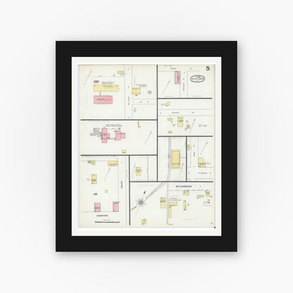 Old map wall art mockup — black gallery frame with white mat — Sanborn Fire Insurance Map from Oxford, Granville County, North Carolina (1897), Sheet #0005