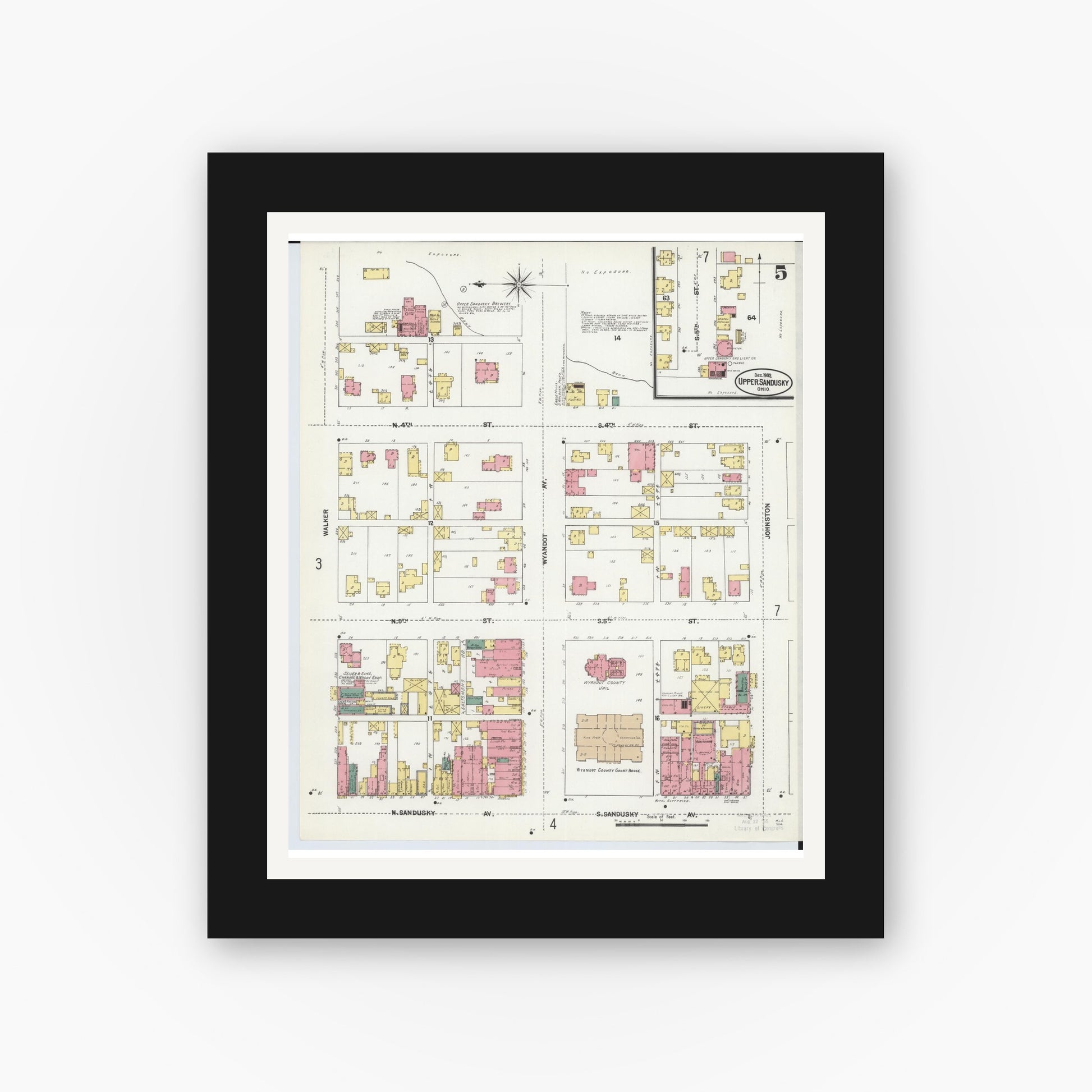 Old map wall art mockup — black gallery frame with white mat — Sanborn Fire Insurance Map from Upper Sandusky, Wyandot County, Ohio (1902), Sheet #0005