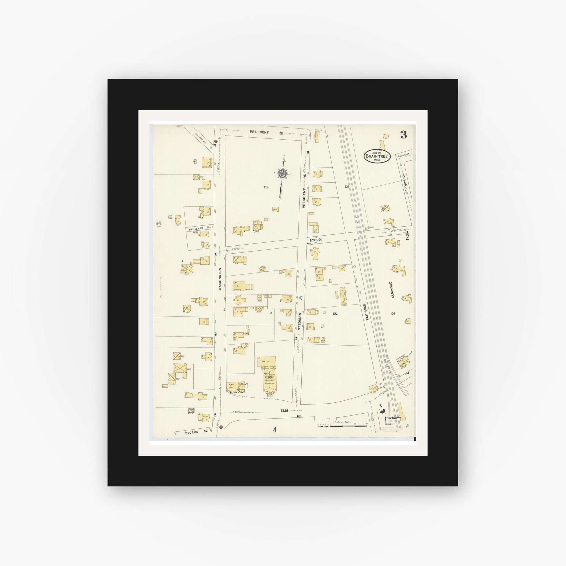 Old map wall art mockup — black gallery frame with white mat — Sanborn Fire Insurance Map from Braintree, Norfolk County, Massachusetts (1911), Sheet #0003