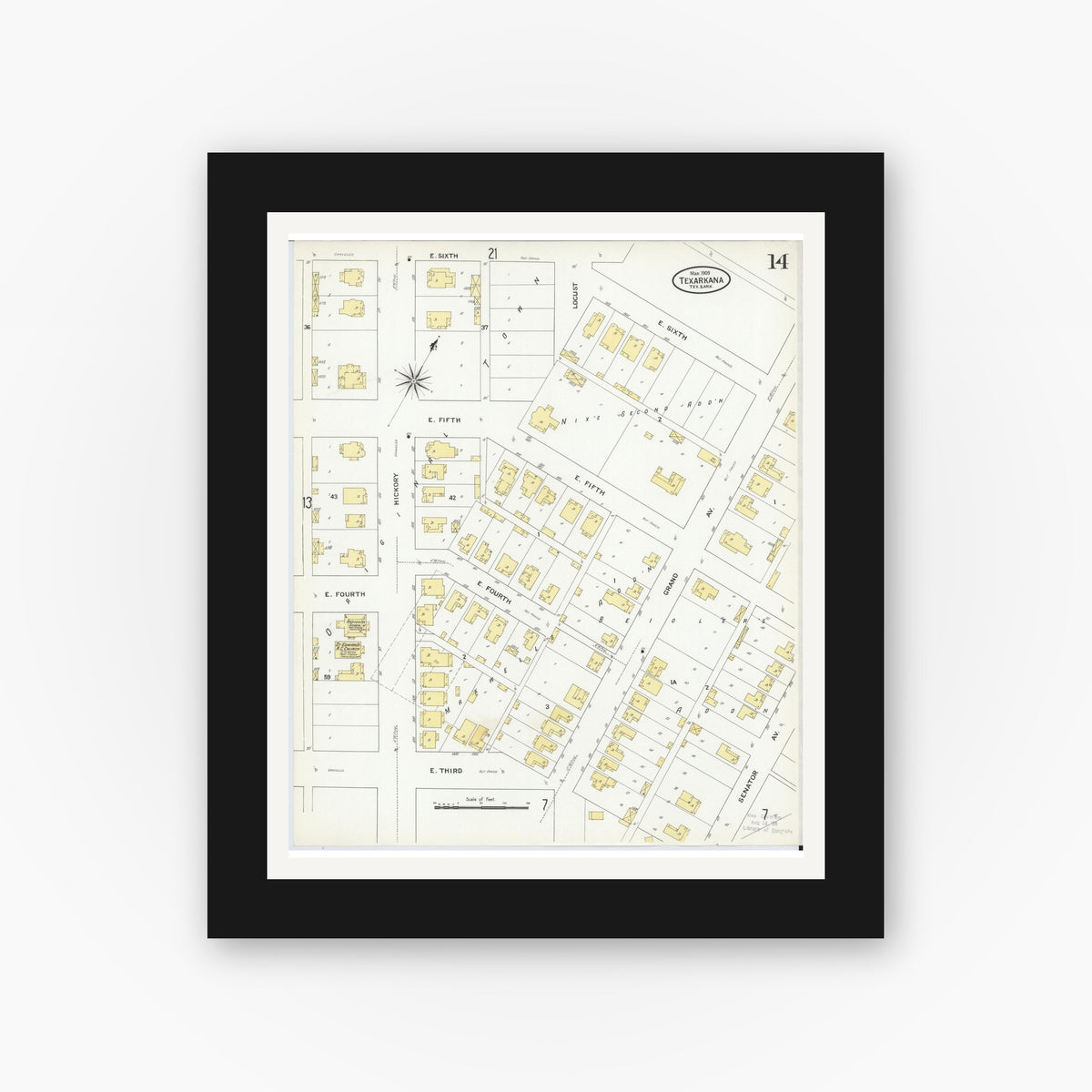 Old map wall art mockup — black gallery frame with white mat — Sanborn Fire Insurance Map from Texarkana, Bowie County, Texas (1909), Sheet #0014
