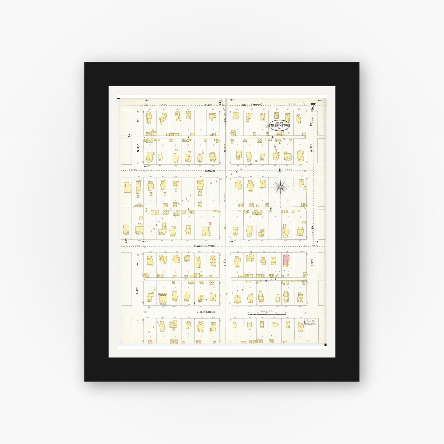 Old map wall art mockup — black gallery frame with white mat — Sanborn Fire Insurance Map from Washington, Washington County, Iowa (1902), Sheet #0007