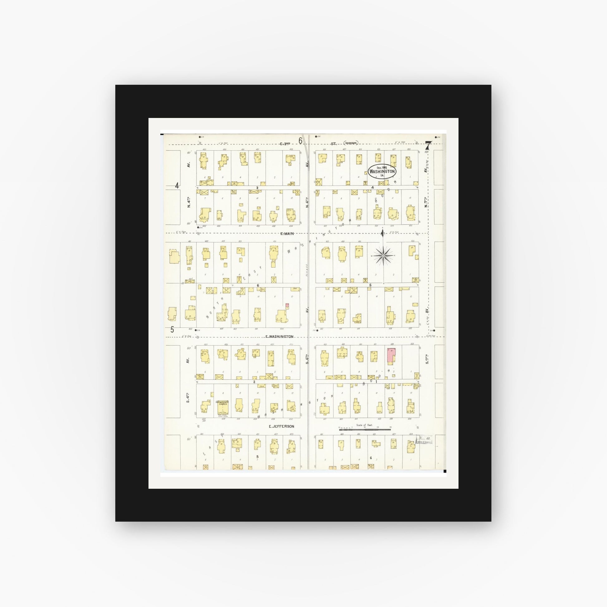 Old map wall art mockup — black gallery frame with white mat — Sanborn Fire Insurance Map from Washington, Washington County, Iowa (1902), Sheet #0007
