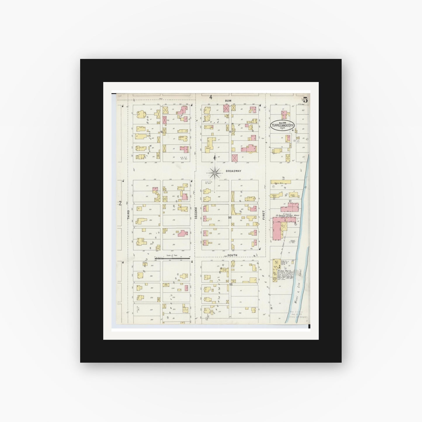 Old map wall art mockup — black gallery frame with white mat — Sanborn Fire Insurance Map from Tipp City, Miami County, Ohio (1898), Sheet #0005