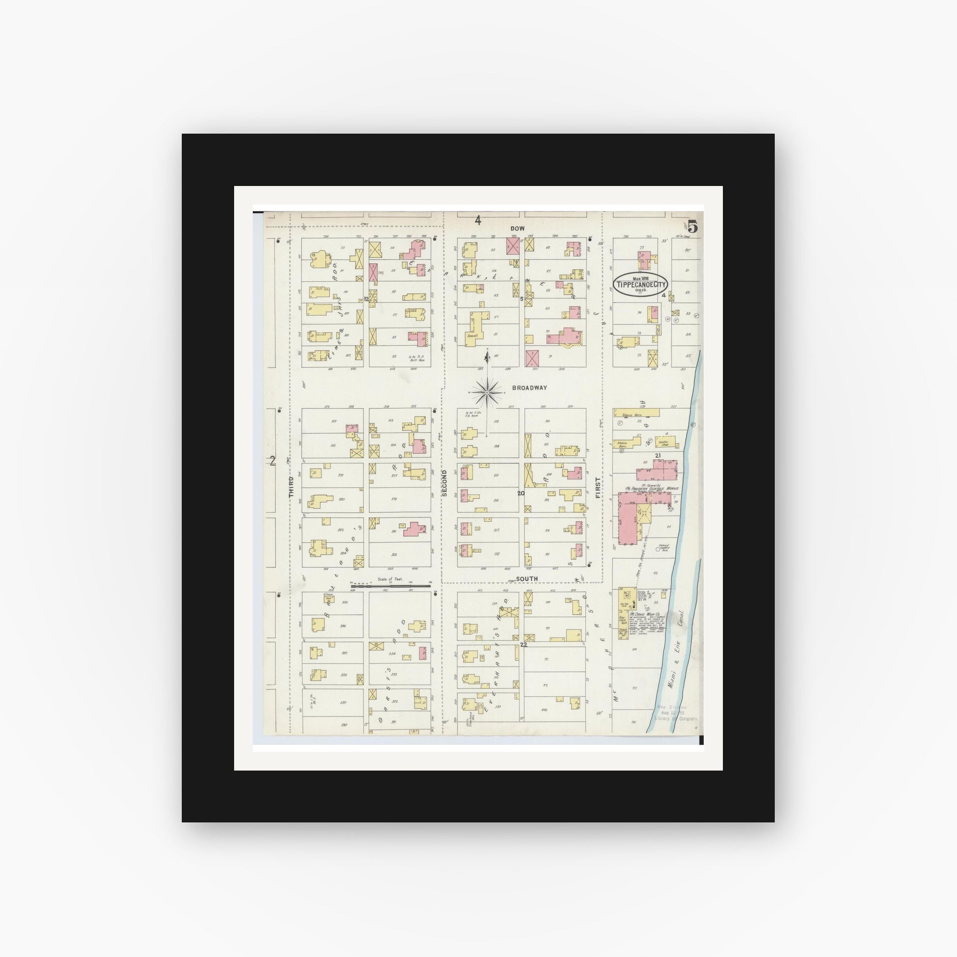 Old map wall art mockup — black gallery frame with white mat — Sanborn Fire Insurance Map from Tipp City, Miami County, Ohio (1898), Sheet #0005