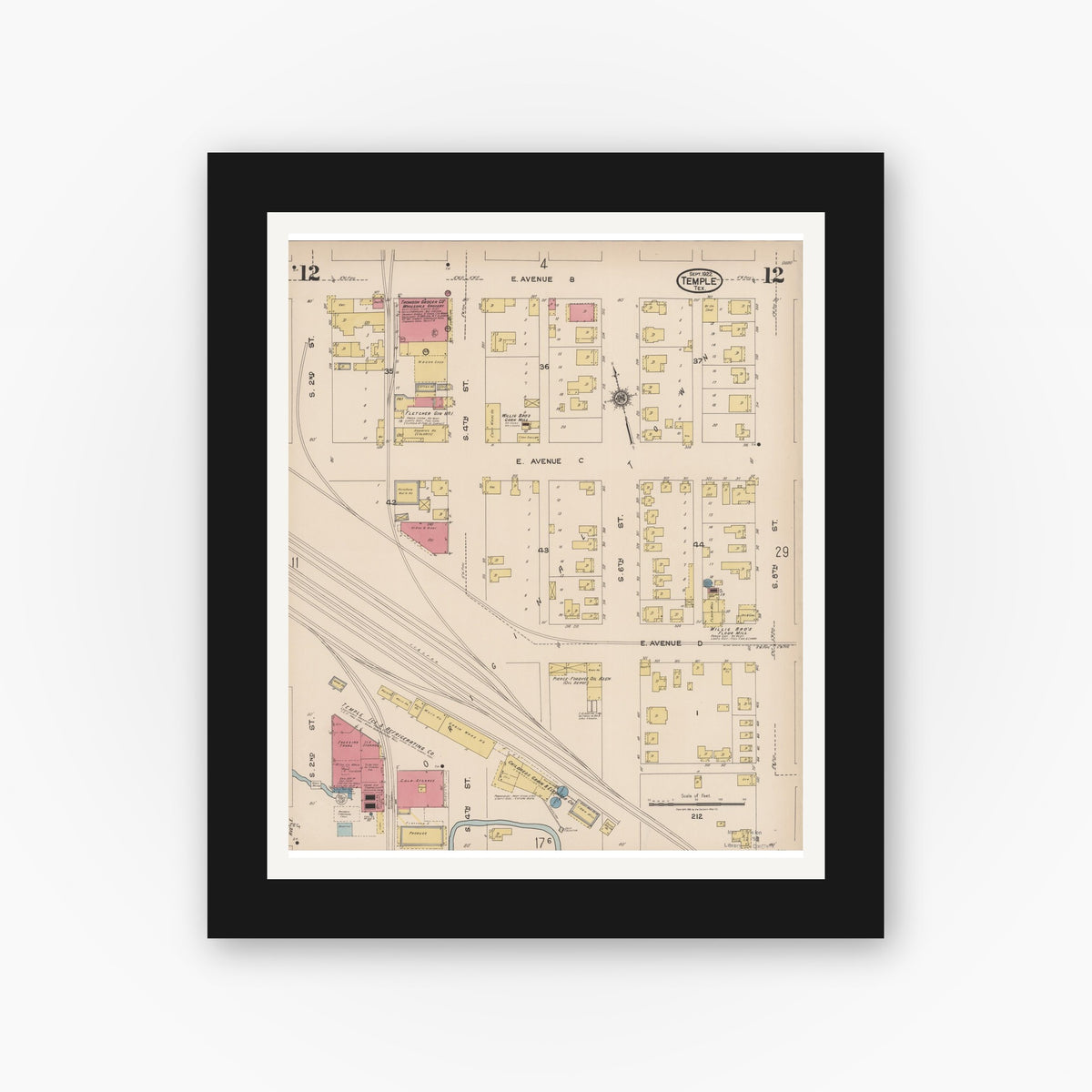 Old map wall art mockup — black gallery frame with white mat — Sanborn Fire Insurance Map from Temple, Bell County, Texas (1922), Sheet #0012