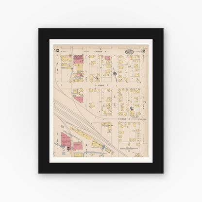 Old map wall art mockup — black gallery frame with white mat — Sanborn Fire Insurance Map from Temple, Bell County, Texas (1922), Sheet #0012