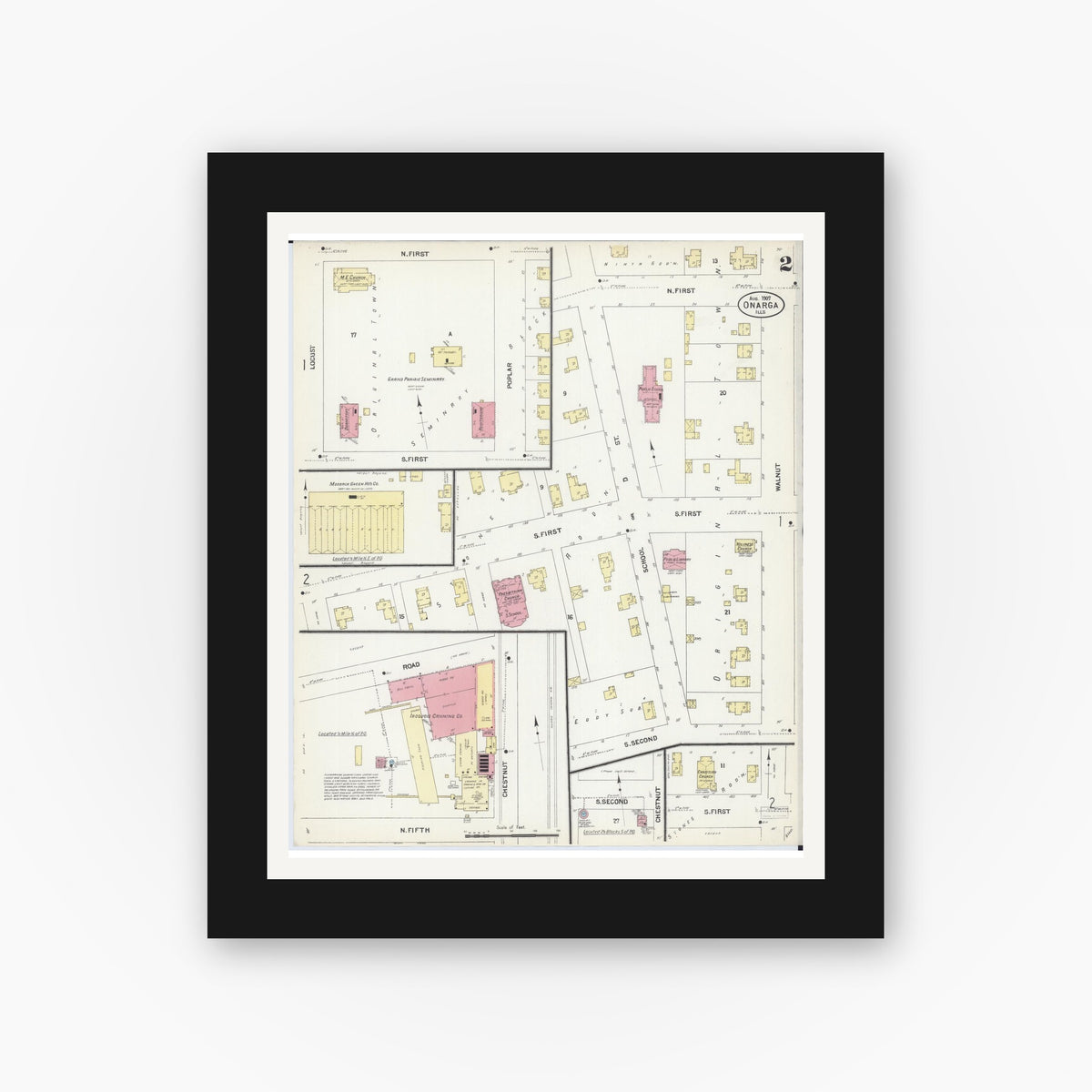 Old map wall art mockup — black gallery frame with white mat — Sanborn Fire Insurance Map from Onarga, Iroquois County, Illinois (1907), Sheet #0002