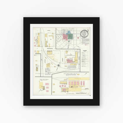 Old map wall art mockup — black gallery frame with white mat — Sanborn Fire Insurance Map from Elgin, Bastrop County, Texas (1910), Sheet #0001