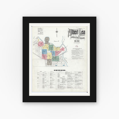 Old map wall art mockup — black gallery frame with white mat — Sanborn Fire Insurance Map from Albert Lea, Freeborn County, Minnesota (1910), Sheet #0001