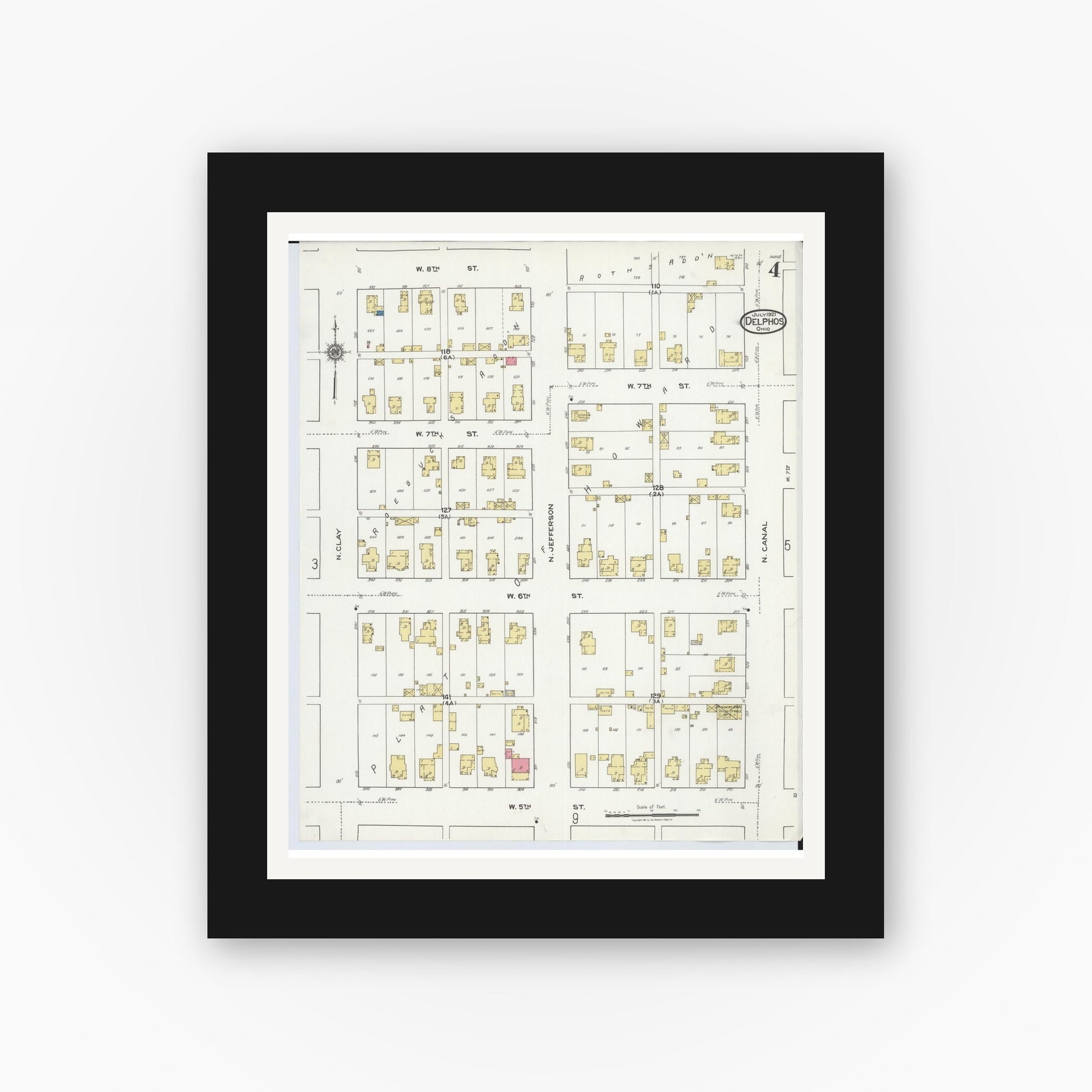 Old map wall art mockup — black gallery frame with white mat — Sanborn Fire Insurance Map from Delphos, Van Wert And Allen Counties, Ohio (1921), Sheet #0004