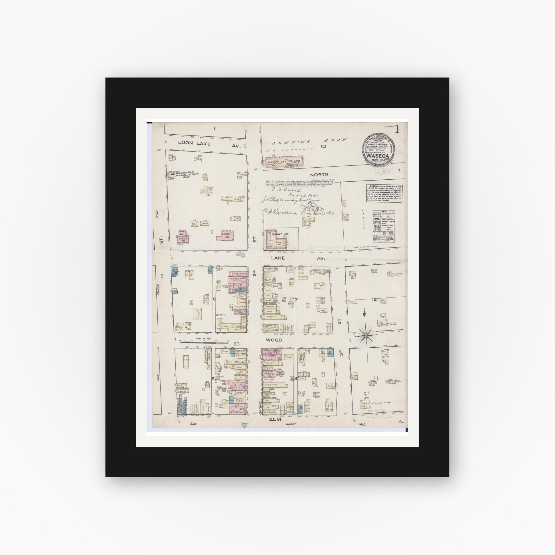Old map wall art mockup — black gallery frame with white mat — Sanborn Fire Insurance Map from Waseca, Waseca County, Minnesota (1884) - Complete Map Set