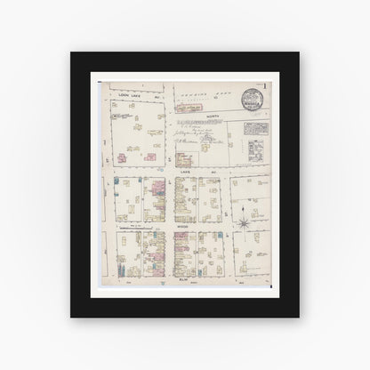 Old map wall art mockup — black gallery frame with white mat — Sanborn Fire Insurance Map from Waseca, Waseca County, Minnesota (1884) - Complete Map Set