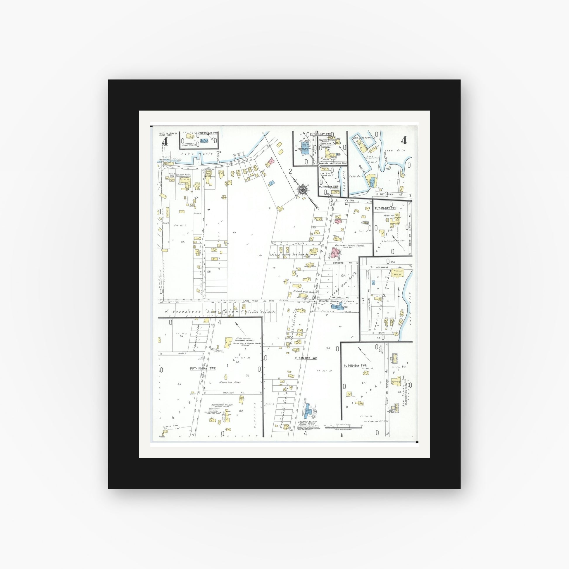 Old map wall art mockup — black gallery frame with white mat — Sanborn Fire Insurance Map from Put-in-bay, Ottawa County, Ohio (1950), Sheet #0004