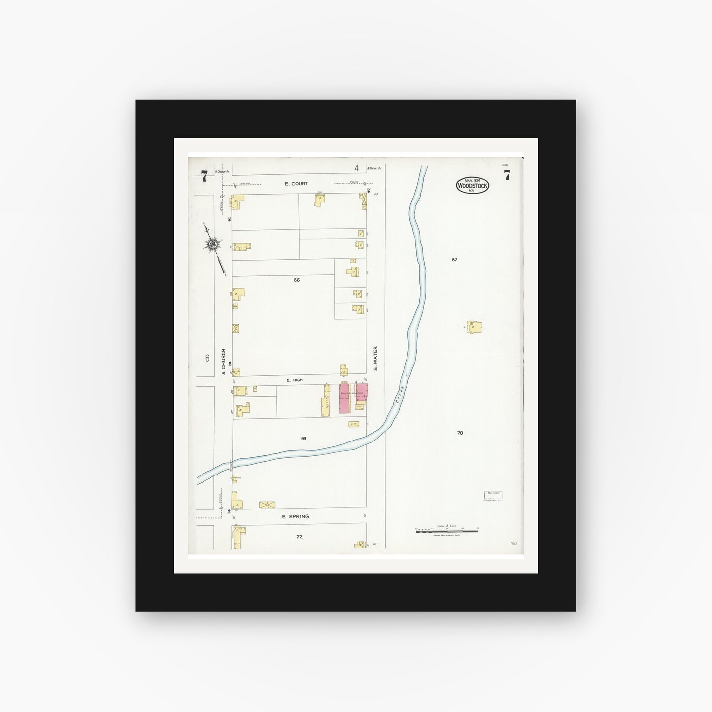 Old map wall art mockup — black gallery frame with white mat — Sanborn Fire Insurance Map from Woodstock, Shenandoah County, Virginia (1924), Sheet #0007