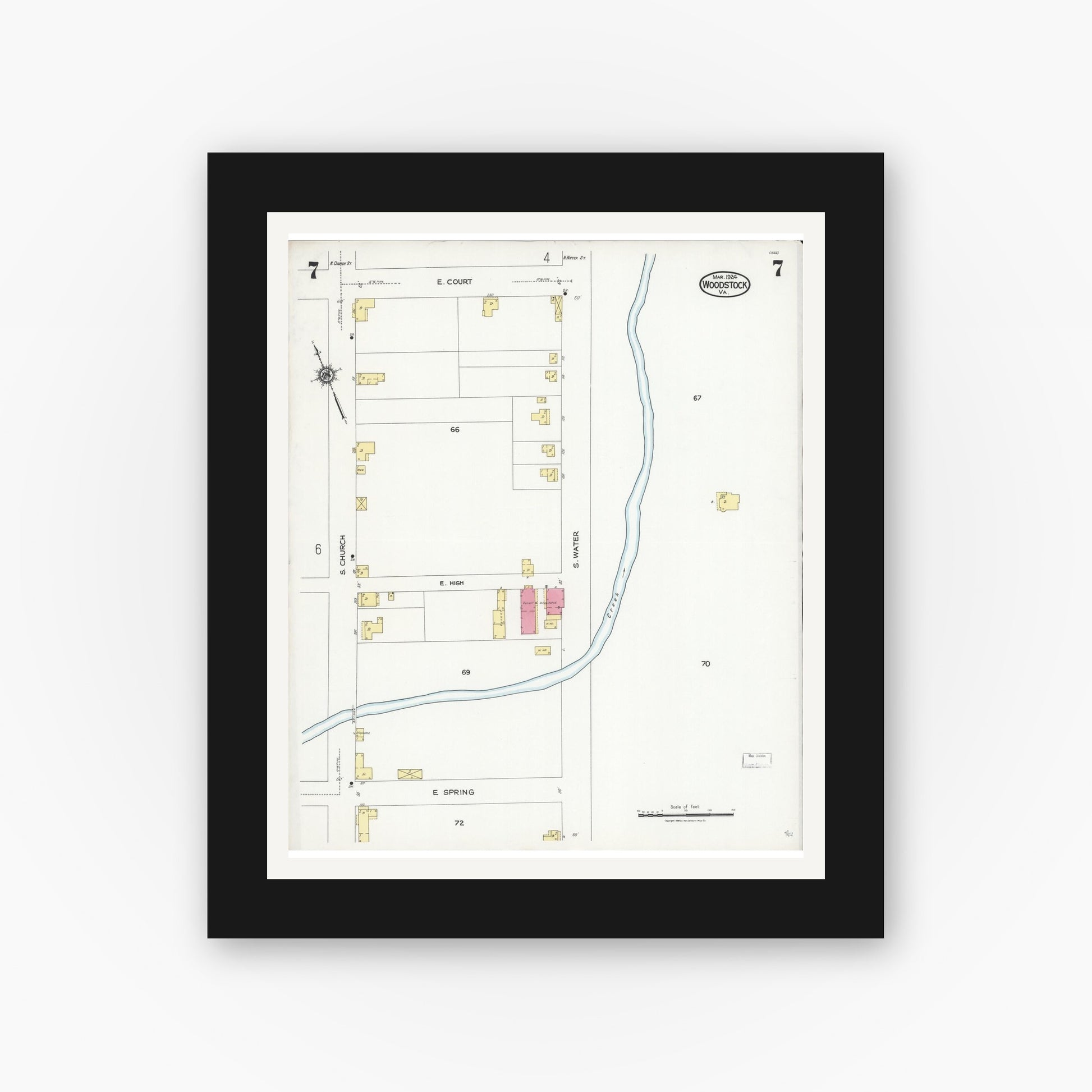 Old map wall art mockup — black gallery frame with white mat — Sanborn Fire Insurance Map from Woodstock, Shenandoah County, Virginia (1924), Sheet #0007