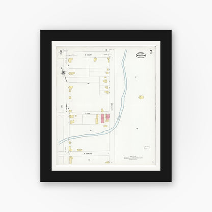 Old map wall art mockup — black gallery frame with white mat — Sanborn Fire Insurance Map from Woodstock, Shenandoah County, Virginia (1924), Sheet #0007