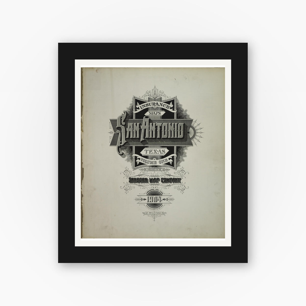 Old map wall art mockup — black gallery frame with white mat — Sanborn Fire Insurance Map from San Antonio, Bexar County, Texas (1904), Sheet #0001