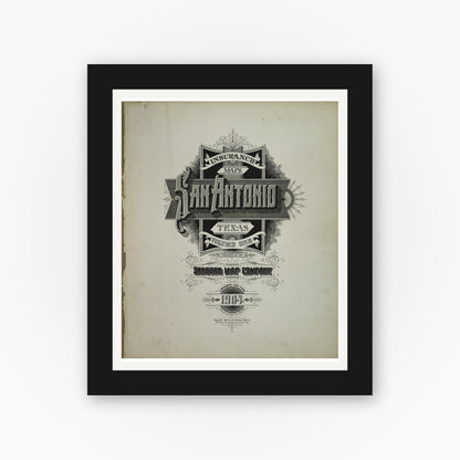 Old map wall art mockup — black gallery frame with white mat — Sanborn Fire Insurance Map from San Antonio, Bexar County, Texas (1904), Sheet #0001