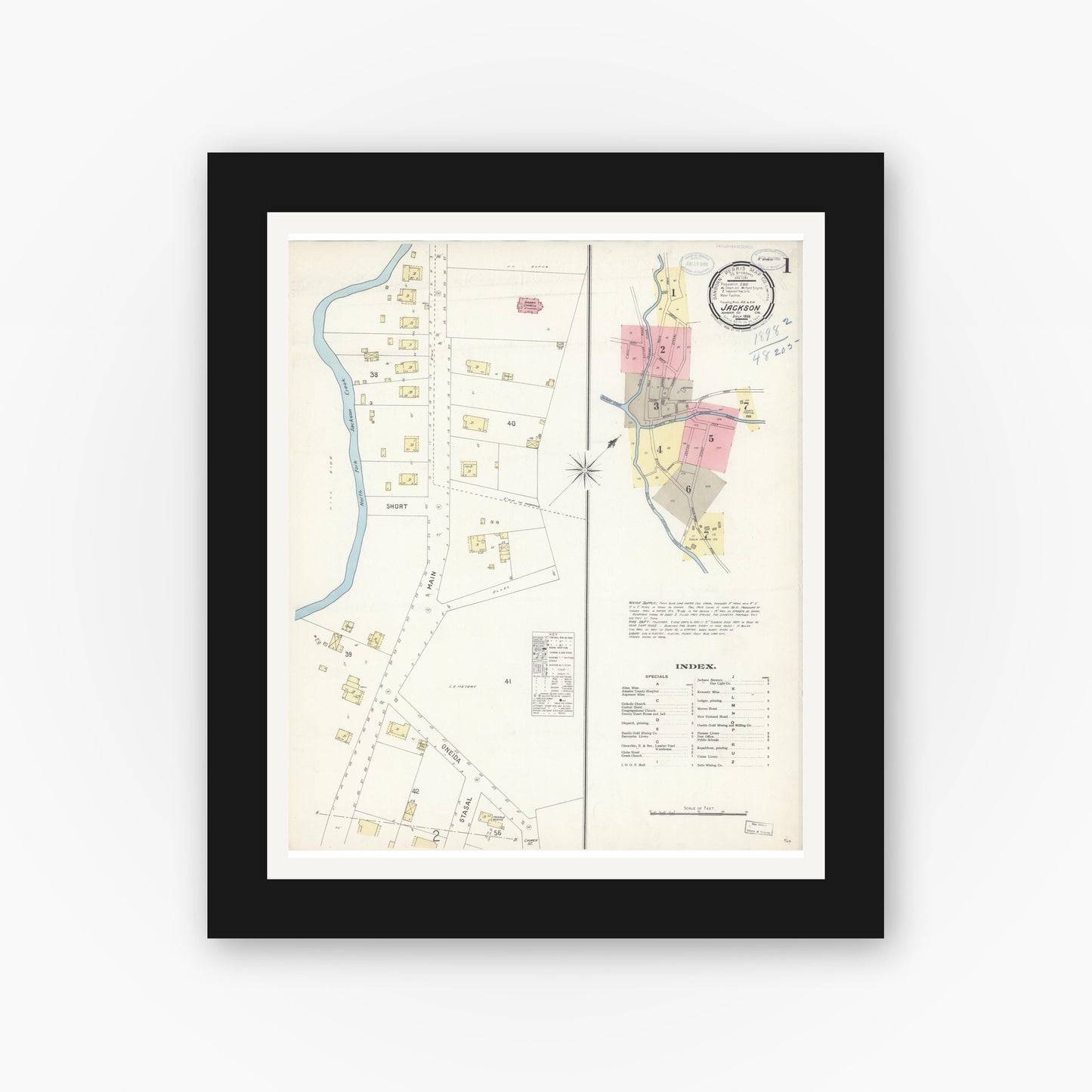 Old map wall art mockup — black gallery frame with white mat — Sanborn Fire Insurance Map from Jackson, Amador County, California (1898) - Complete Map Set