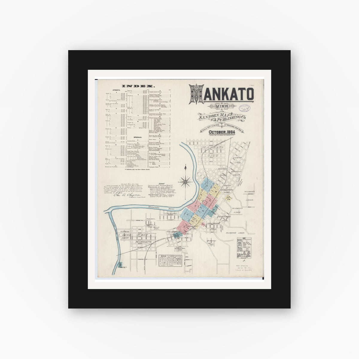 Old map wall art mockup — black gallery frame with white mat — Sanborn Fire Insurance Map from Mankato, Blue Earth County, Minnesota (1884), Sheet #0001