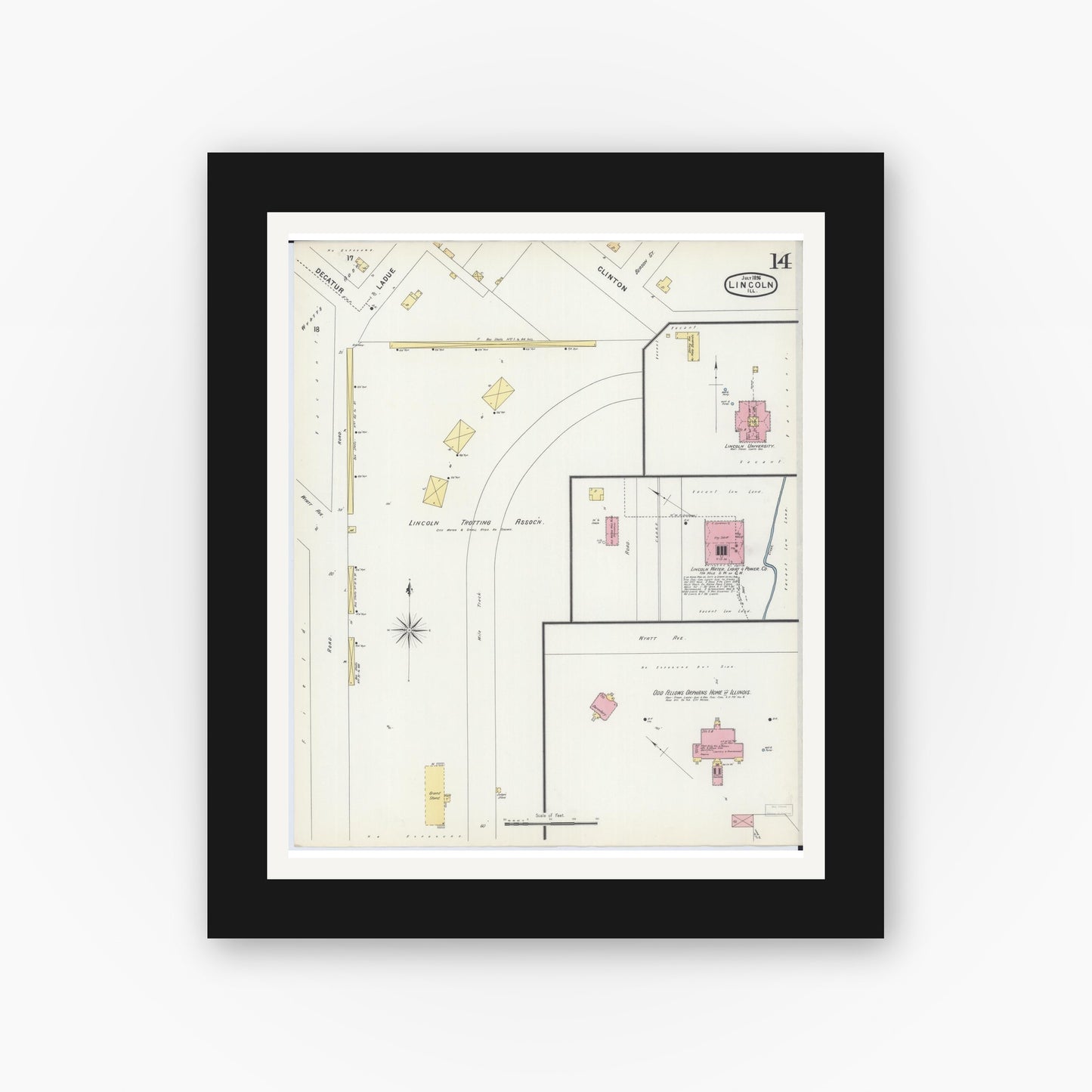 Old map wall art mockup — black gallery frame with white mat — Sanborn Fire Insurance Map from Lincoln, Logan County, Illinois (1896), Sheet #0014