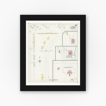 Old map wall art mockup — black gallery frame with white mat — Sanborn Fire Insurance Map from Lincoln, Logan County, Illinois (1896), Sheet #0014