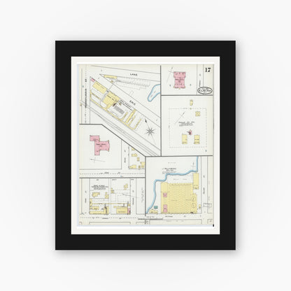 Old map wall art mockup — black gallery frame with white mat — Sanborn Fire Insurance Map from Elmira, Chemung County, New York (1892), Sheet #0017