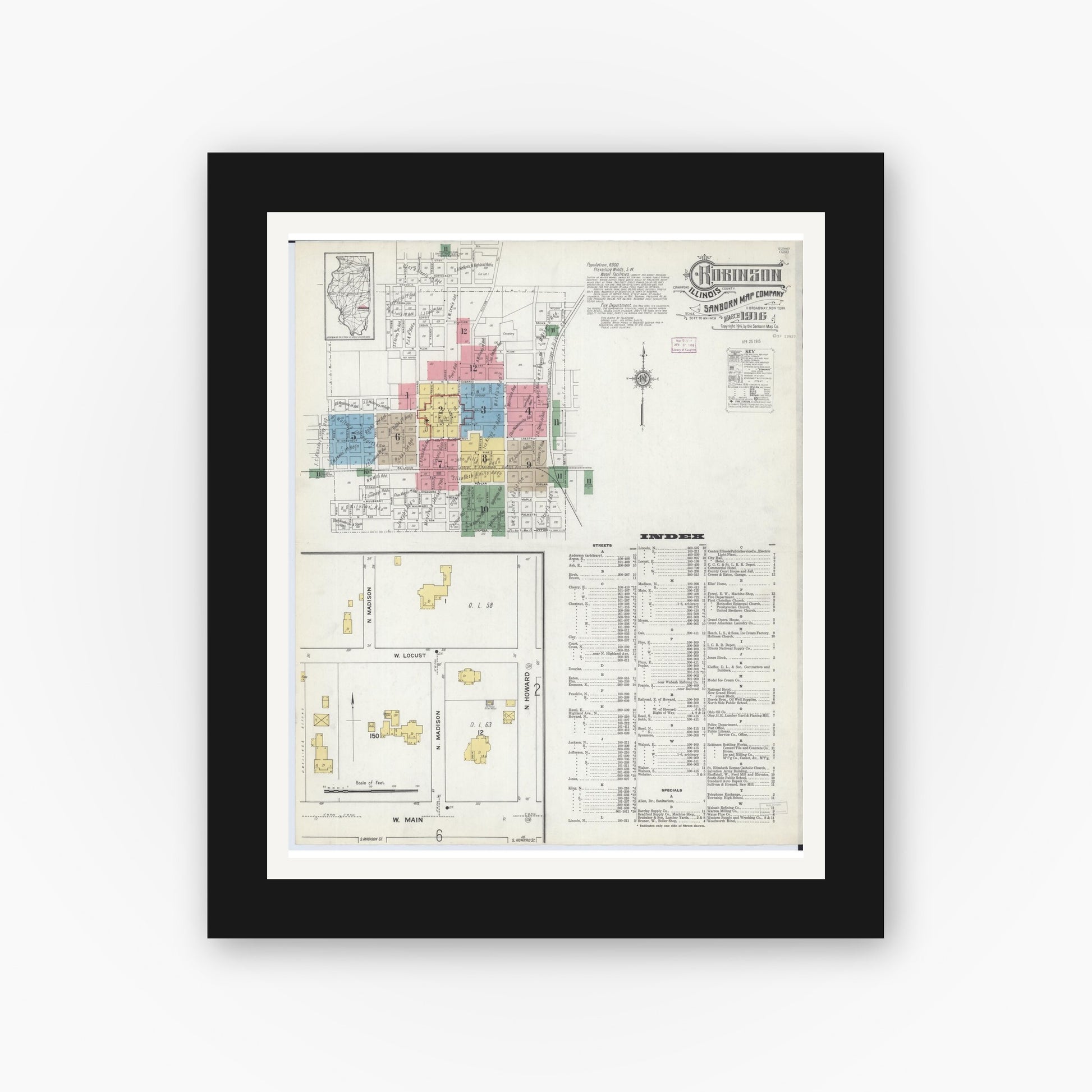 Old map wall art mockup — black gallery frame with white mat — Sanborn Fire Insurance Map from Robinson, Crawford County, Illinois (1916) - Complete Map Set