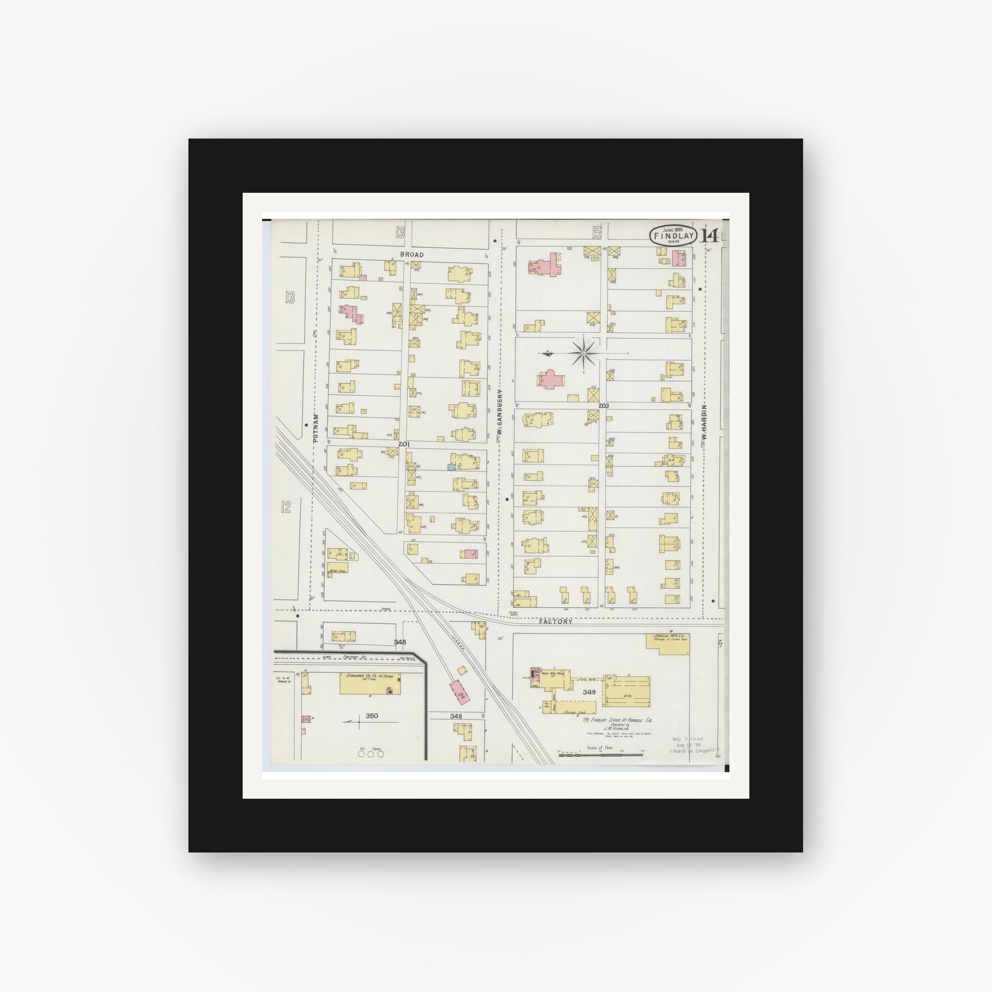 Old map wall art mockup — black gallery frame with white mat — Sanborn Fire Insurance Map from Findlay, Hancock County, Ohio (1895), Sheet #0014