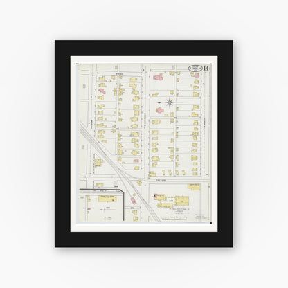 Old map wall art mockup — black gallery frame with white mat — Sanborn Fire Insurance Map from Findlay, Hancock County, Ohio (1895), Sheet #0014