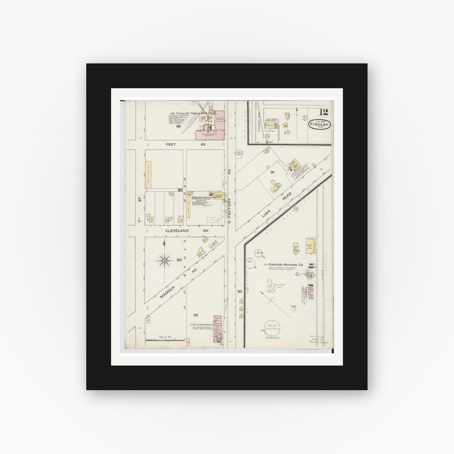 Old map wall art mockup — black gallery frame with white mat — Sanborn Fire Insurance Map from Findlay, Hancock County, Ohio (1887), Sheet #0012