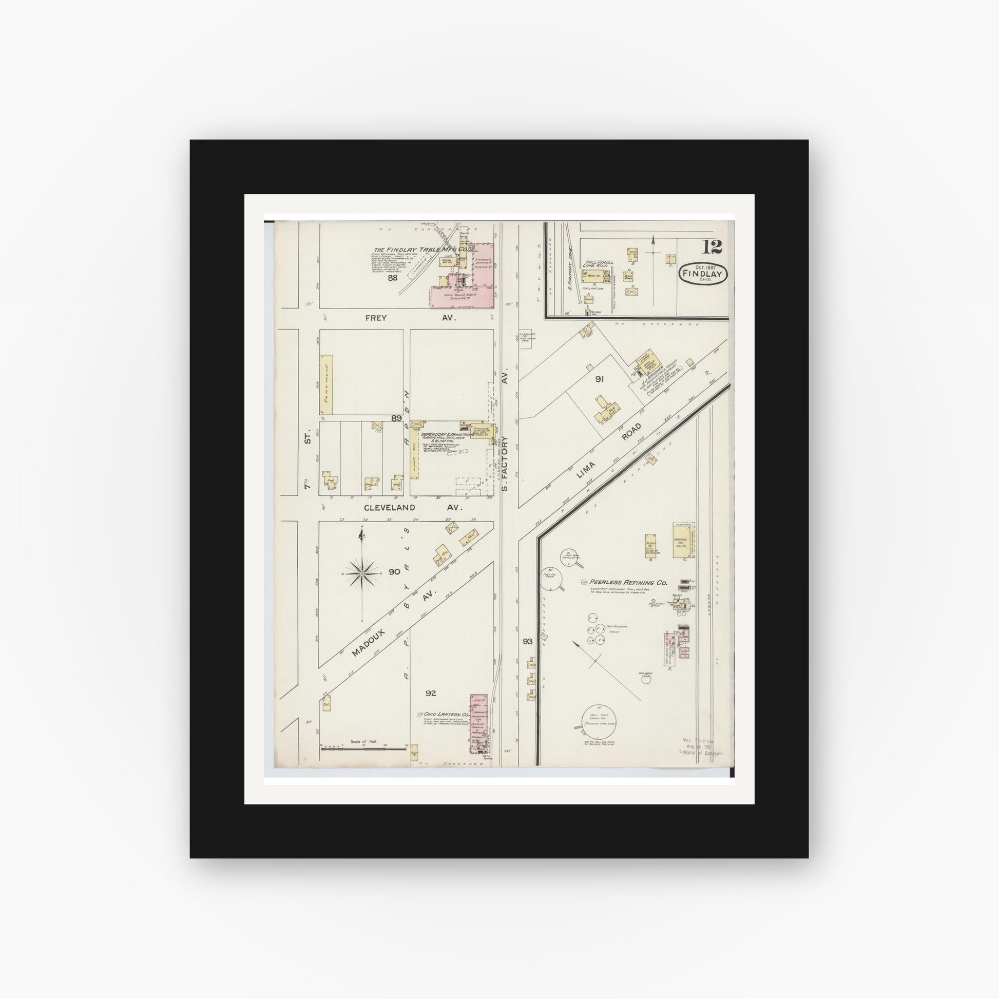 Old map wall art mockup — black gallery frame with white mat — Sanborn Fire Insurance Map from Findlay, Hancock County, Ohio (1887), Sheet #0012