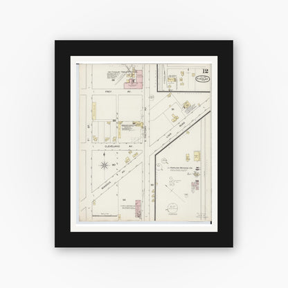 Old map wall art mockup — black gallery frame with white mat — Sanborn Fire Insurance Map from Findlay, Hancock County, Ohio (1887), Sheet #0012