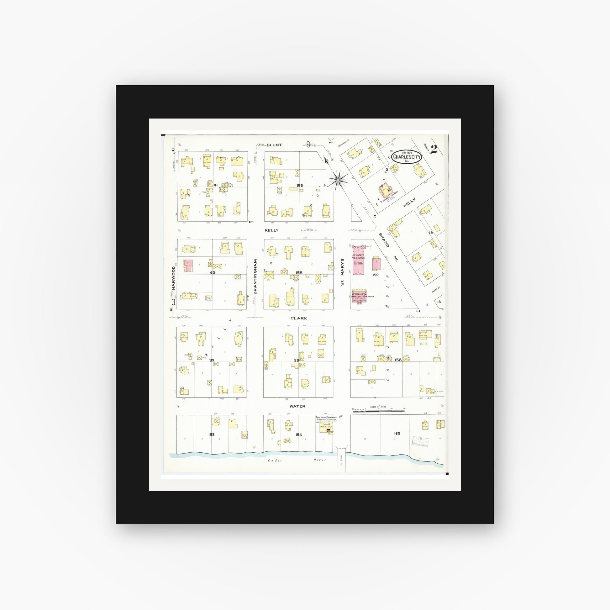 Old map wall art mockup — black gallery frame with white mat — Sanborn Fire Insurance Map from Charles City, Floyd County, Iowa (1909), Sheet #0002