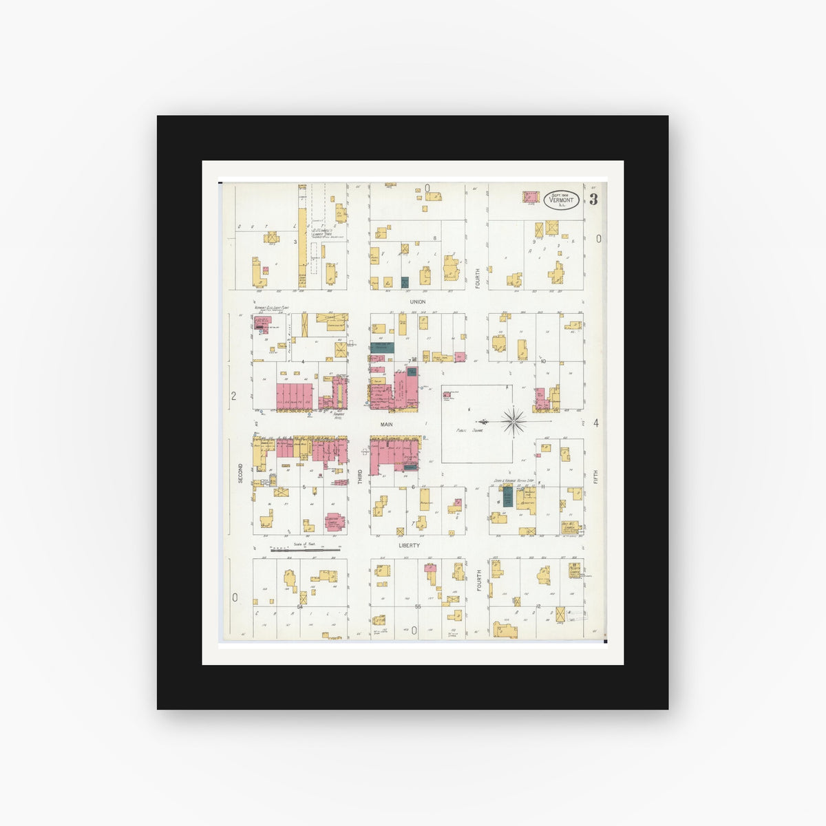 Old map wall art mockup — black gallery frame with white mat — Sanborn Fire Insurance Map from Vermont, Fulton County, Illinois (1906), Sheet #0003