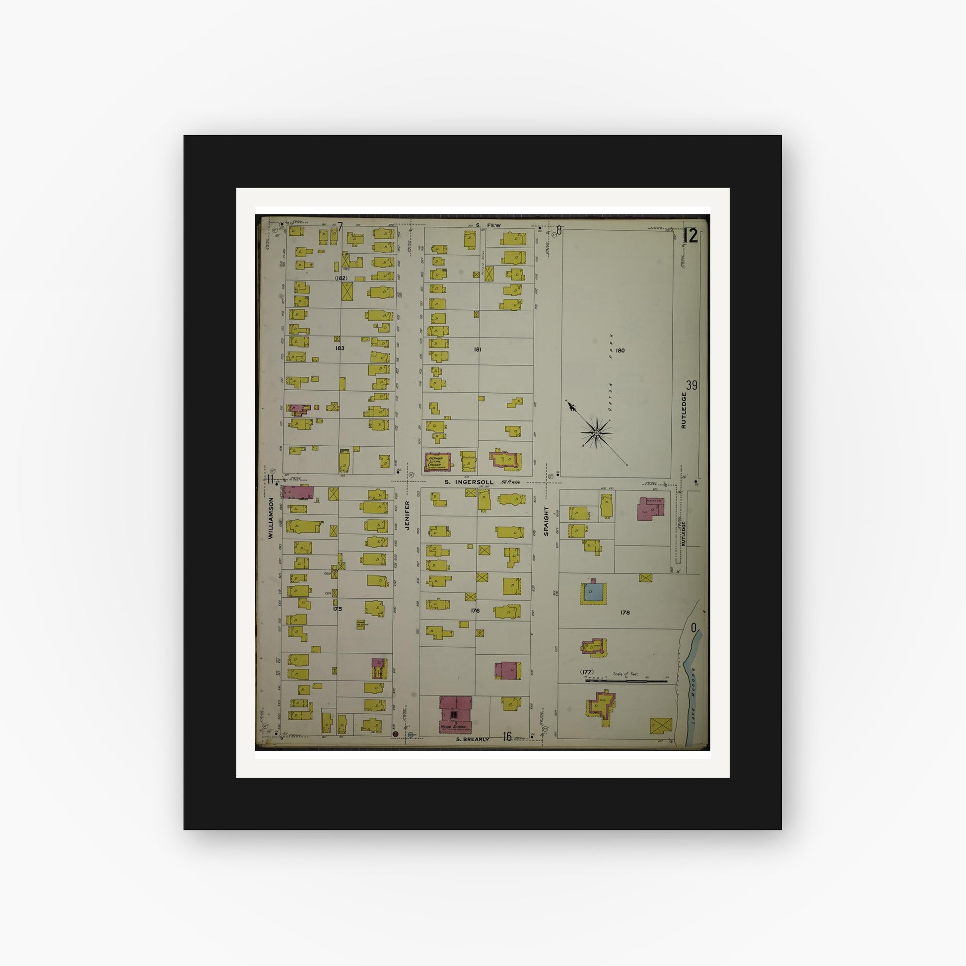 Old map wall art mockup — black gallery frame with white mat — Sanborn Fire Insurance Map from Madison, Dane County, Wisconsin (1908), Sheet #0012