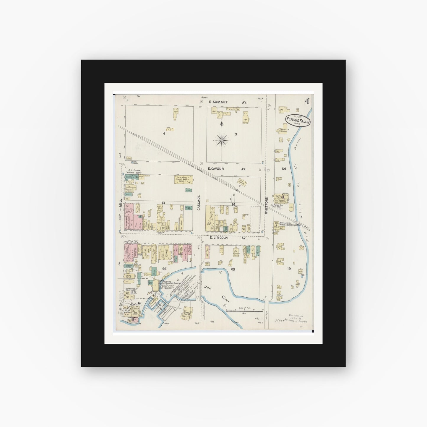 Old map wall art mockup — black gallery frame with white mat — Sanborn Fire Insurance Map from Fergus Falls, Otter Tail County, Minnesota (1890), Sheet #0004
