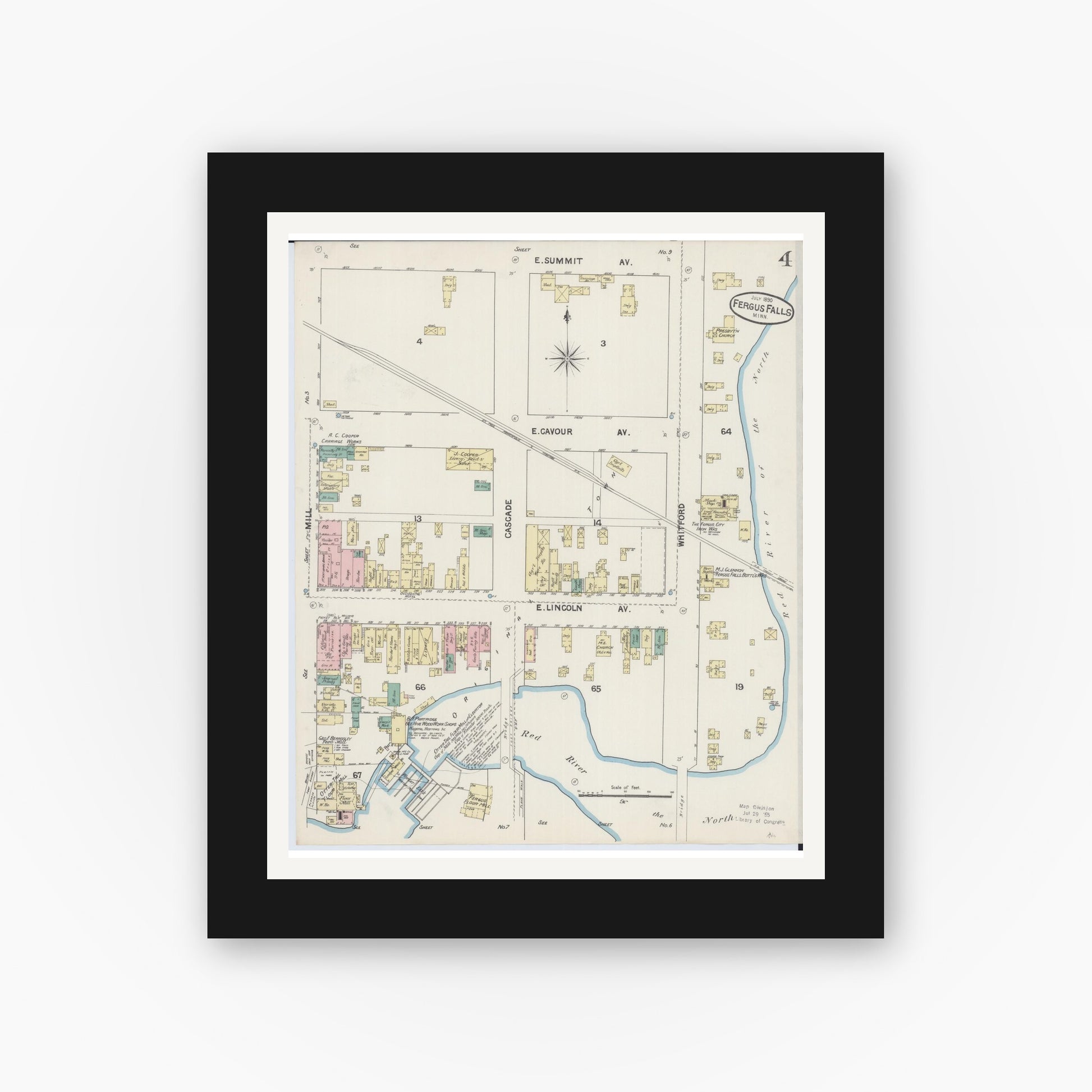 Old map wall art mockup — black gallery frame with white mat — Sanborn Fire Insurance Map from Fergus Falls, Otter Tail County, Minnesota (1890), Sheet #0004