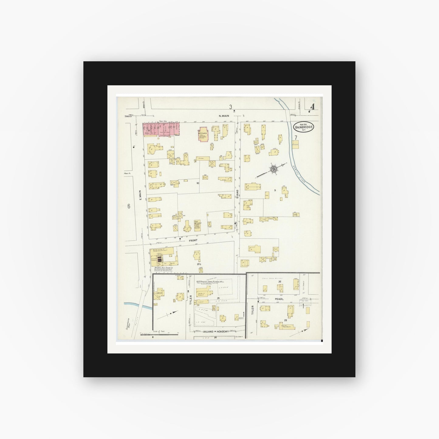 Old map wall art mockup — black gallery frame with white mat — Sanborn Fire Insurance Map from Bainbridge, Chenango County, New York (1912), Sheet #0004