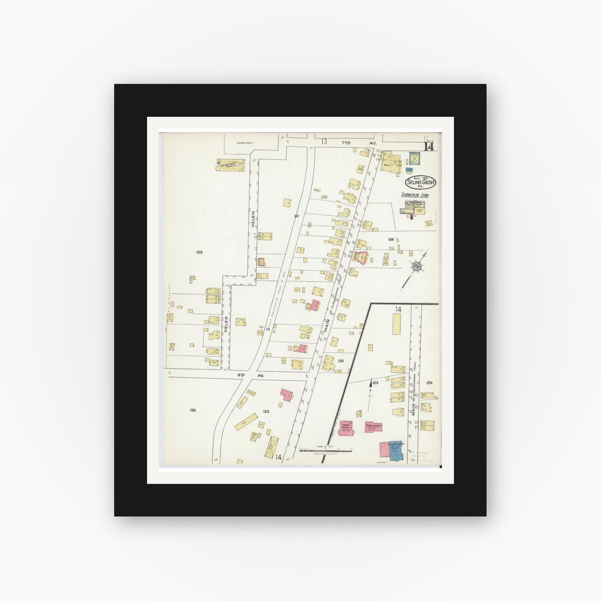 Old map wall art mockup — black gallery frame with white mat — Sanborn Fire Insurance Map from Selins Grove, Snyder County, Pennsylvania (1921), Sheet #0014