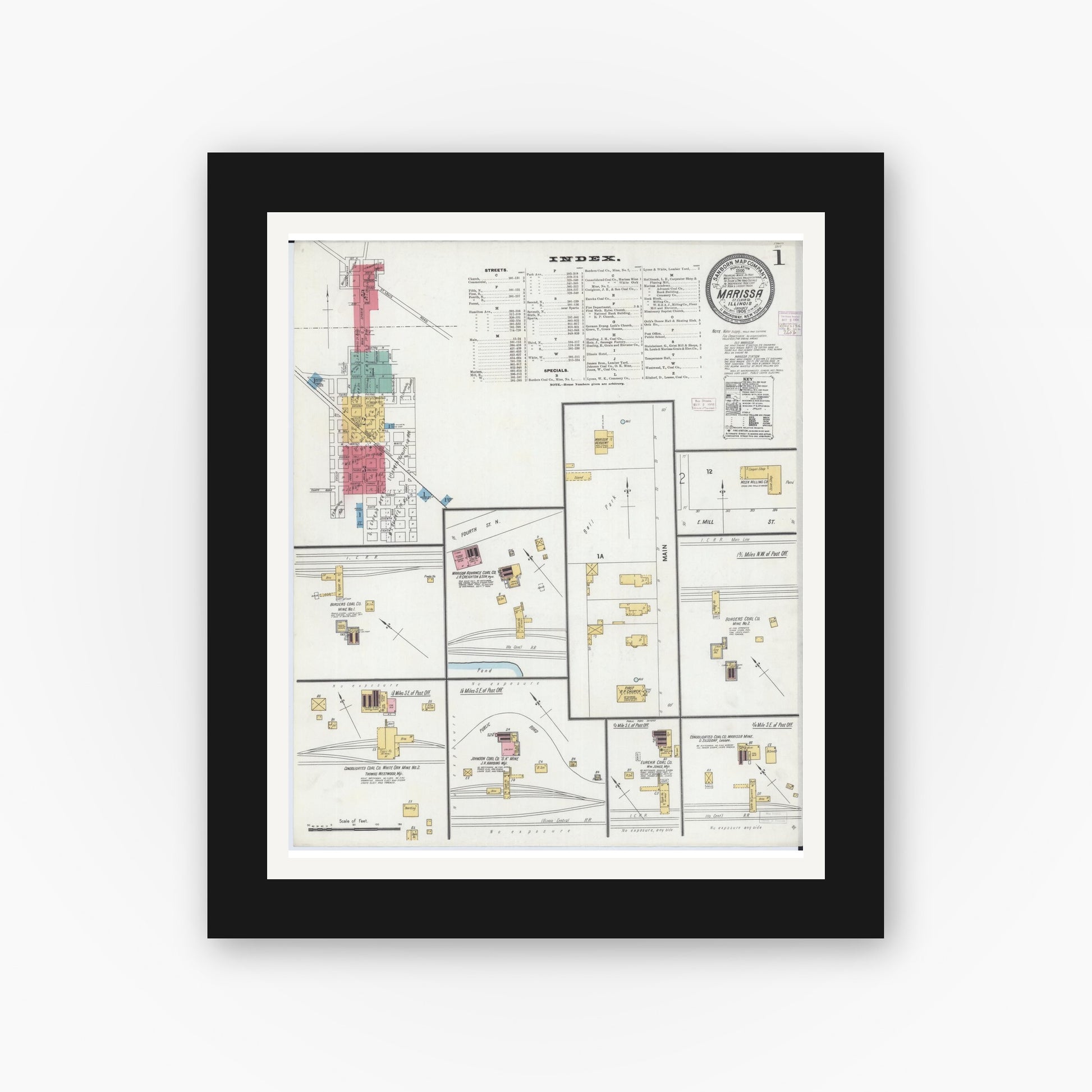 Old map wall art mockup — black gallery frame with white mat — Sanborn Fire Insurance Map from Marissa, Saint Clair County, Illinois (1906) - Complete Map Set