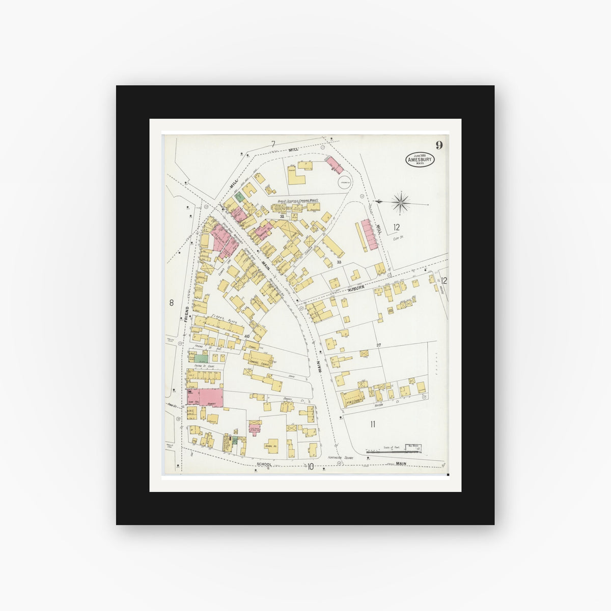 Old map wall art mockup — black gallery frame with white mat — Sanborn Fire Insurance Map from Amesbury, Essex County, Massachusetts (1899), Sheet #0009