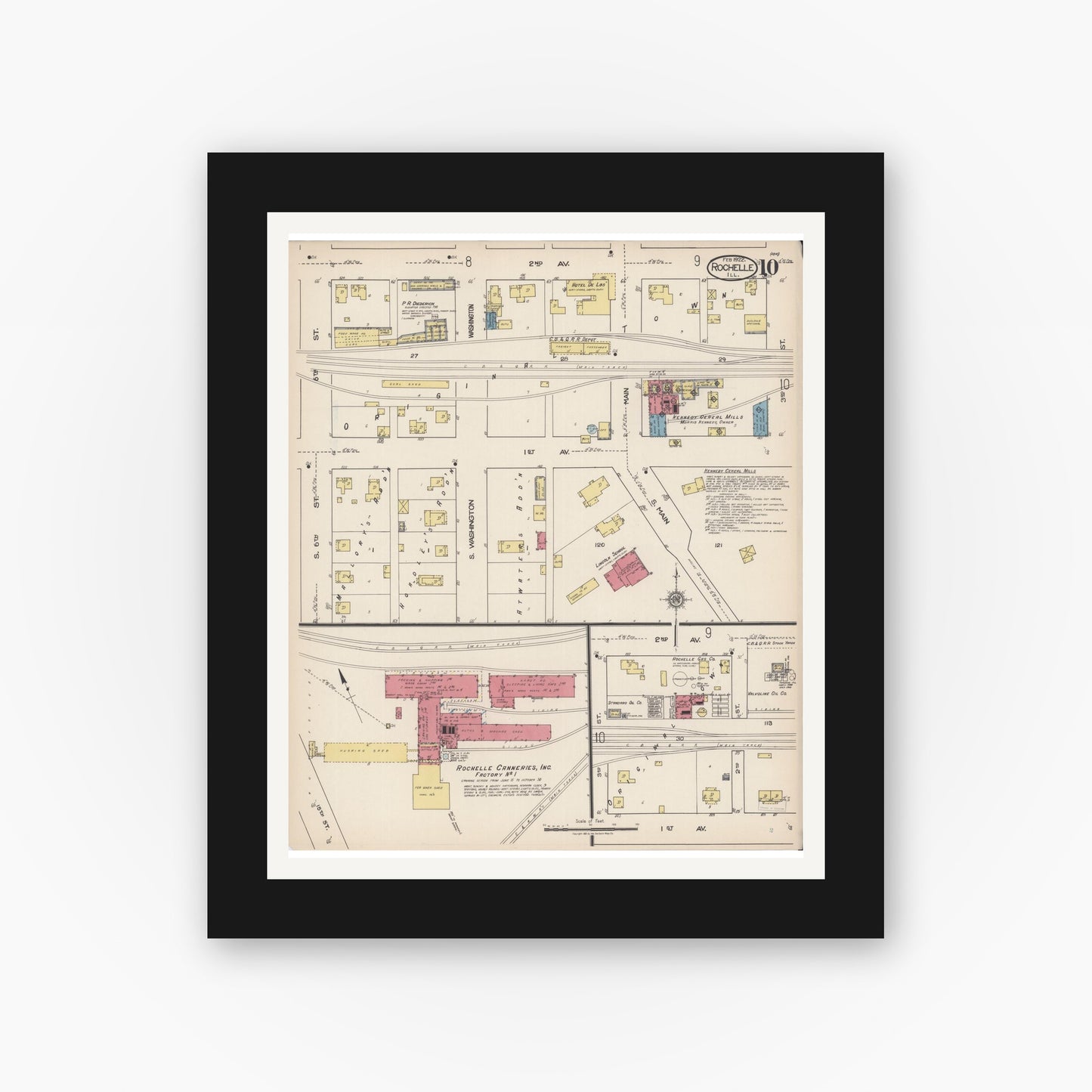 Old map wall art mockup — black gallery frame with white mat — Sanborn Fire Insurance Map from Rochelle, Ogle County, Illinois (1922), Sheet #0010