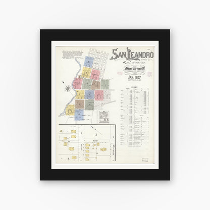 Old map wall art mockup — black gallery frame with white mat — Sanborn Fire Insurance Map from San Leandro, Alameda County, California (1907) - Complete Map Set