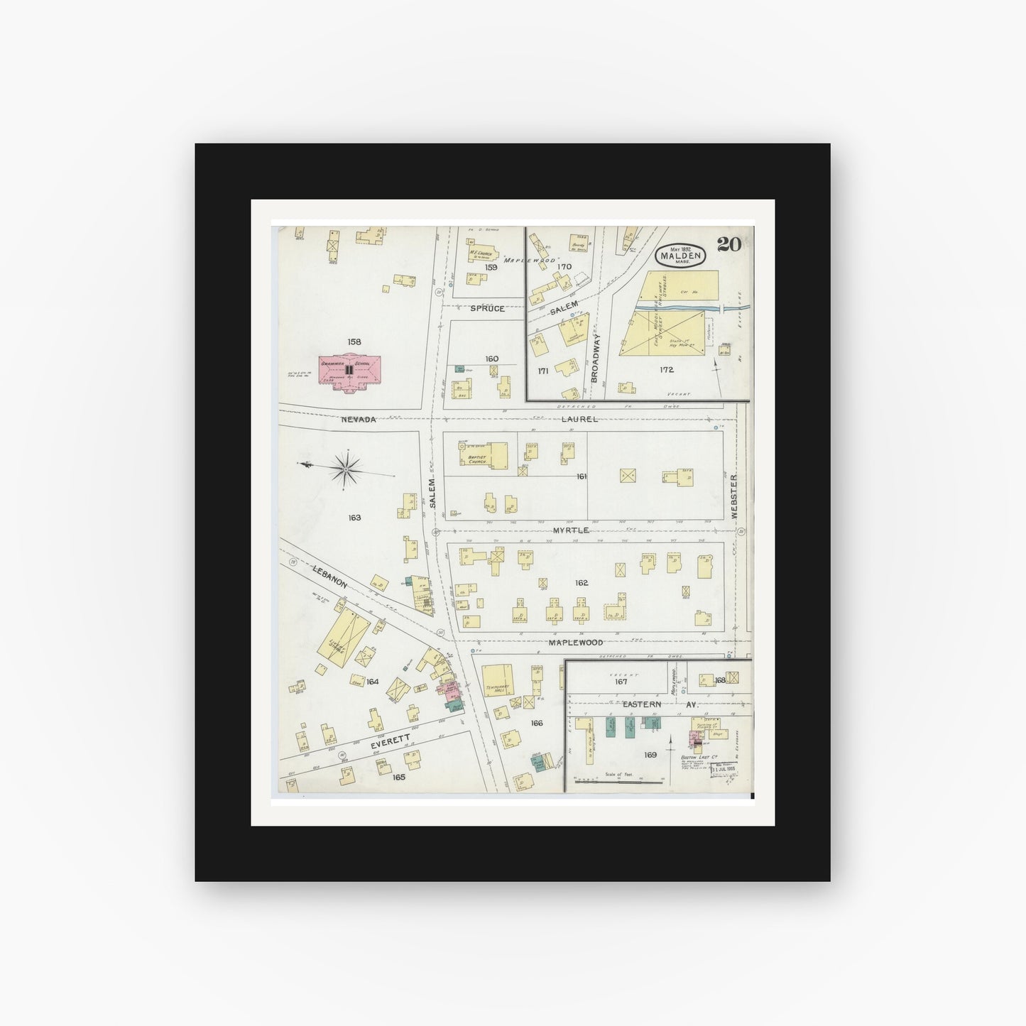 Old map wall art mockup — black gallery frame with white mat — Sanborn Fire Insurance Map from Malden, Middlesex County, Massachusetts (1892), Sheet #0020