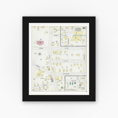 Old map wall art mockup — black gallery frame with white mat — Sanborn Fire Insurance Map from Malden, Middlesex County, Massachusetts (1892), Sheet #0020