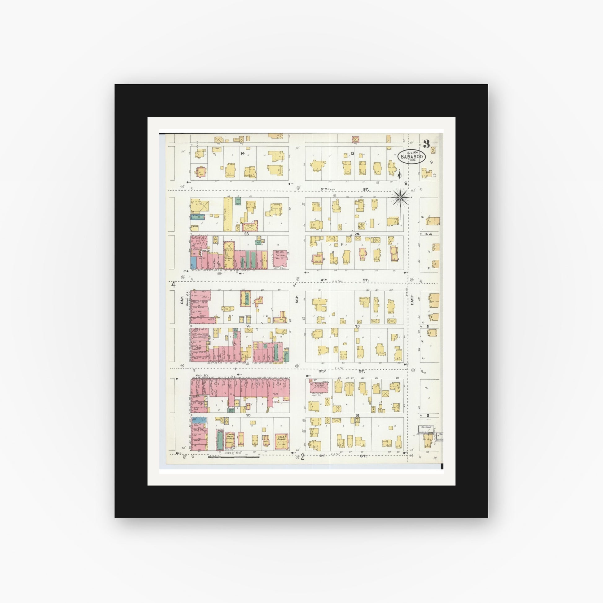 Old map wall art mockup — black gallery frame with white mat — Sanborn Fire Insurance Map from Baraboo, Sauk County, Wisconsin (1904), Sheet #0003